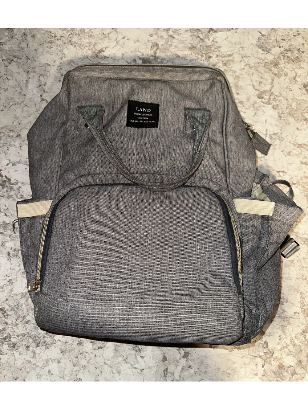 LAND Gray Backpack Diaper Bag Unisex Adjustable Strap Inner Pockets